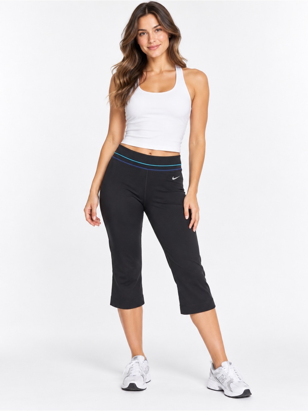 Nike Black Capri Leggings Blue Trim Swoosh Activewear Size Large